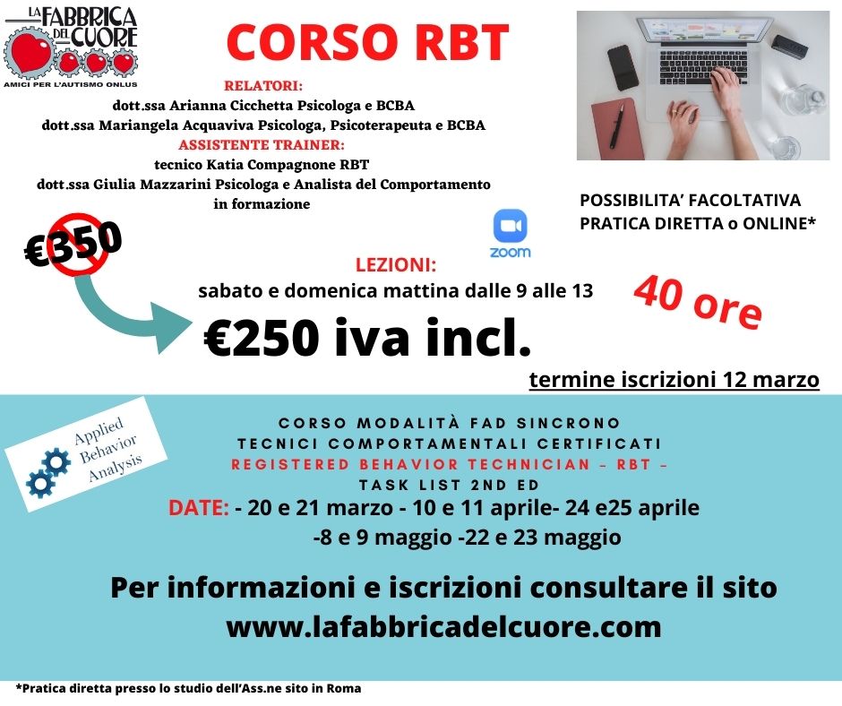 CORSO TECNICI COMPORTAMENTALI CERTIFICATI Registered Behavior Technician – RBT – 2nd Ed. Task List – Modalità FAD piattaforma Zoom da Marzo Maggio 2021